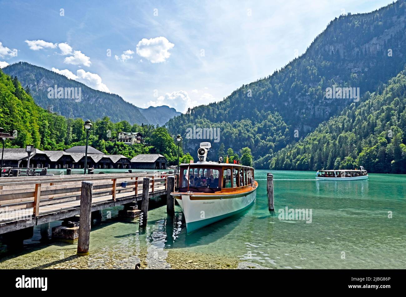 Berchtesgaden (Bavaria, Germany): Tourist boat on the Koenigssee; Königssee bei Berchtesgaden (Bayern) Stock Photo