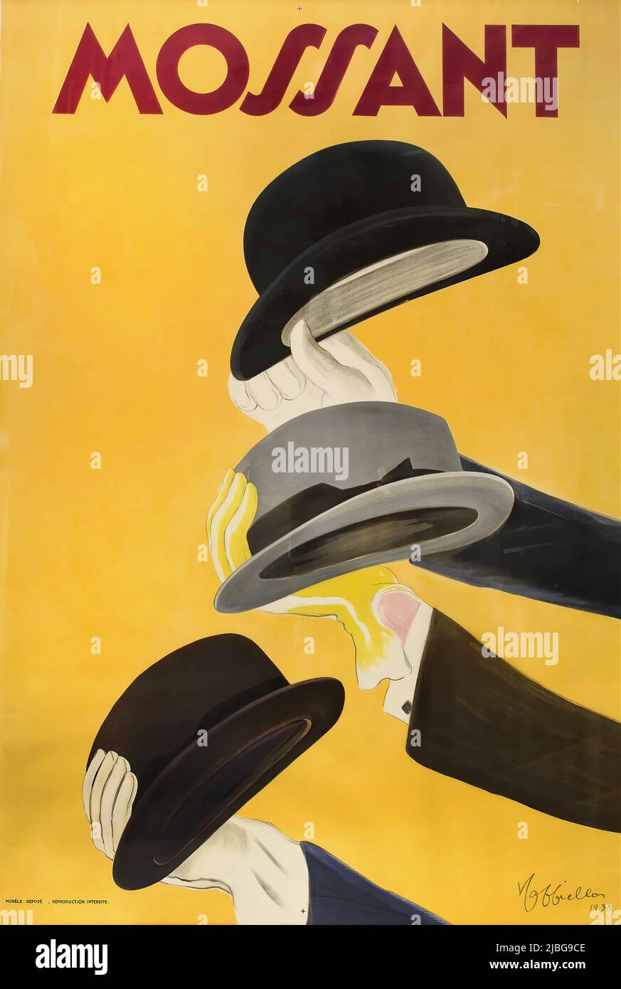 A turn of the 20th century, French advertising poster by Leonetto Cappiello (1875-1942), for Mossant, a famous brand of hat manufactured in France and well known in the United States for most of the twentieth century. The company was founded by Charles Mossant in the nineteenth century, and by 1929 more than 2,000 hats a day were being produced. Stock Photo