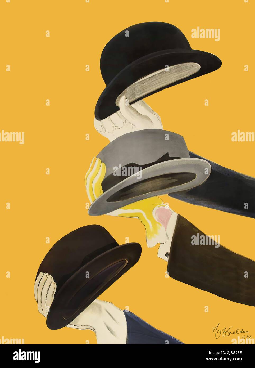 A detail from a turn of the 20th century, French advertising poster by Leonetto Cappiello (1875-1942), featuring the waved hats (good morning) of three gentlemen. Originally designed for Mossant, a famous brand of hat manufactured in France, the text details have been removed. The originally poster  with text can be seen at Alamy Image number 2JBG9CE Stock Photo