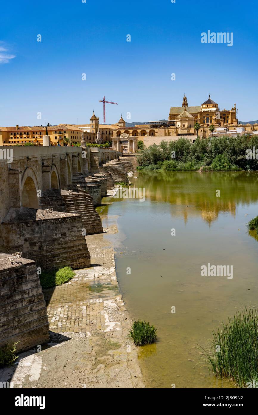 Cordoba Roman Bridge with cathedral in background. Stock Photo