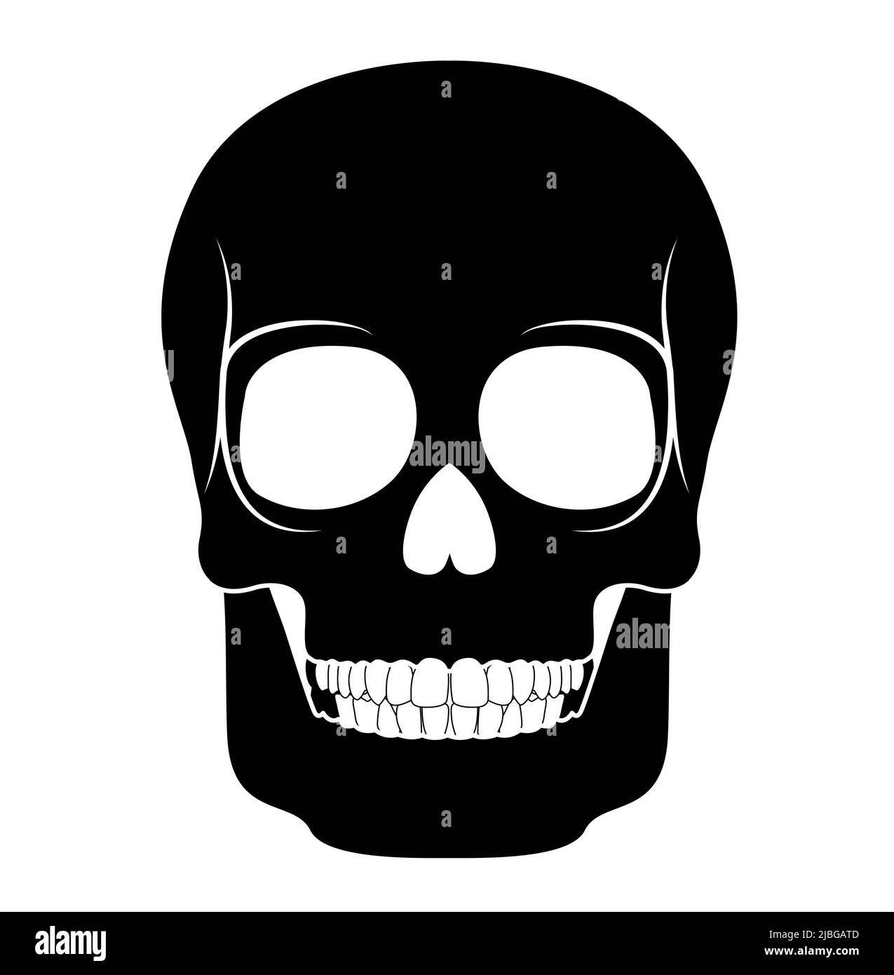 Skeleton Human skull silhouette head body bones - cranium, facial, calvaria, mandible front Anterior ventral view flat black color concept Vector illustration of anatomy isolated on white background Stock Vector