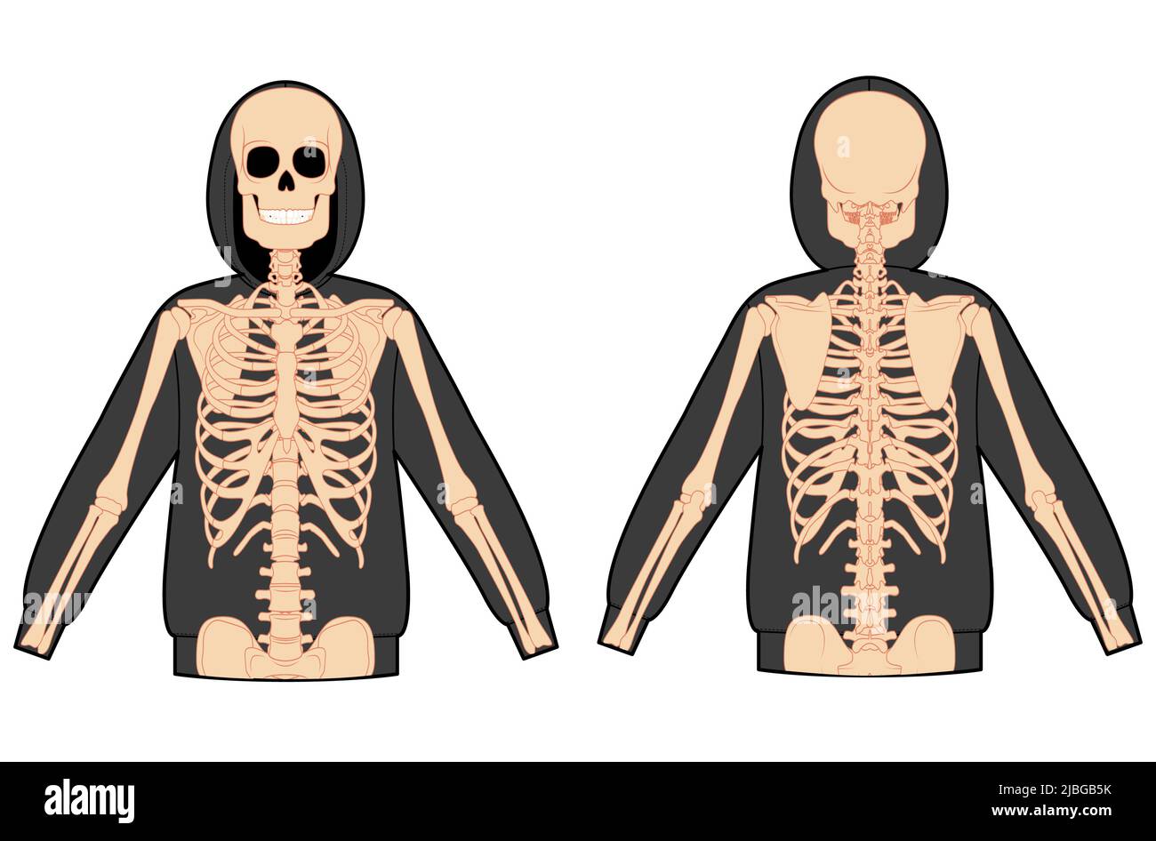 Set of Skeleton costume Human bones on hoodie front back view men women, children for Halloween, day of dead festivals, printing on clothes flat black color concept Vector illustration isolated Stock Vector