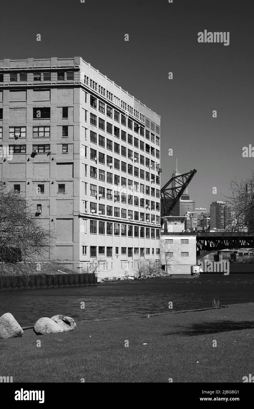 Vintage factory warehouse building in the industrial district in black