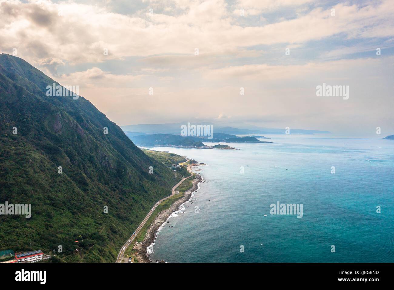 13-Layer Remains (Remains of Copper Refinery) Aerial View in Yinyang Sea of Shuinandong, Ruifang District, New Taipei, Taiwan. Stock Photo