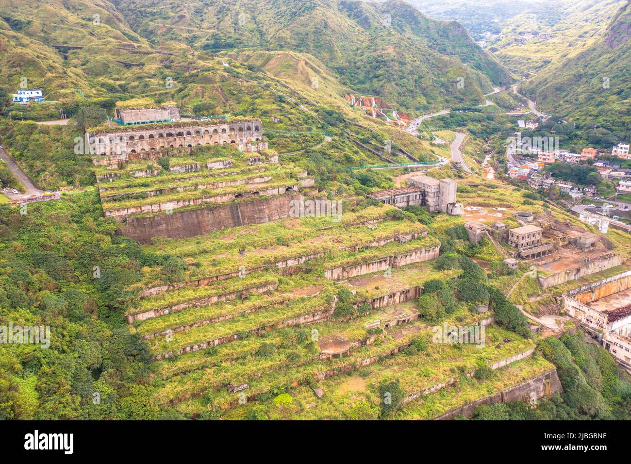 13-Layer Remains (Remains of Copper Refinery) Aerial View in Yinyang Sea of Shuinandong, Ruifang District, New Taipei, Taiwan. Stock Photo