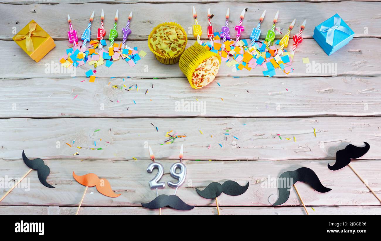 Birthday. Top view happy birthday candles, save space. Mustache barber shop congratulations on your birthday. Stock Photo