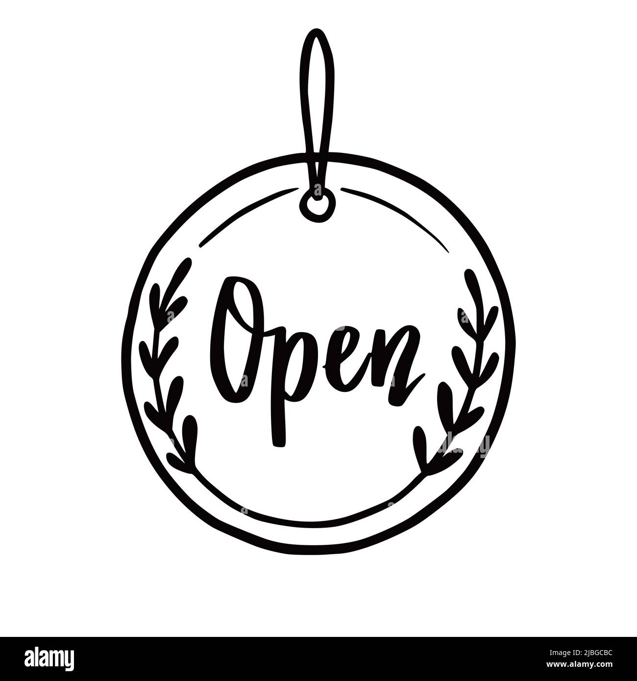 Hand drawn open sign element. Doodle sketch style. Shop door or window