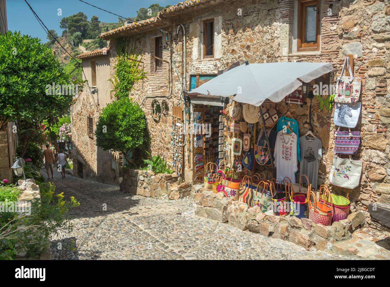 SOUVENIER SHOP NARROW STREET OLD TOWN CAP DE TOSSA TOSSA DE MAR COSTA BRAVA CATALONIA SPAIN Stock Photo