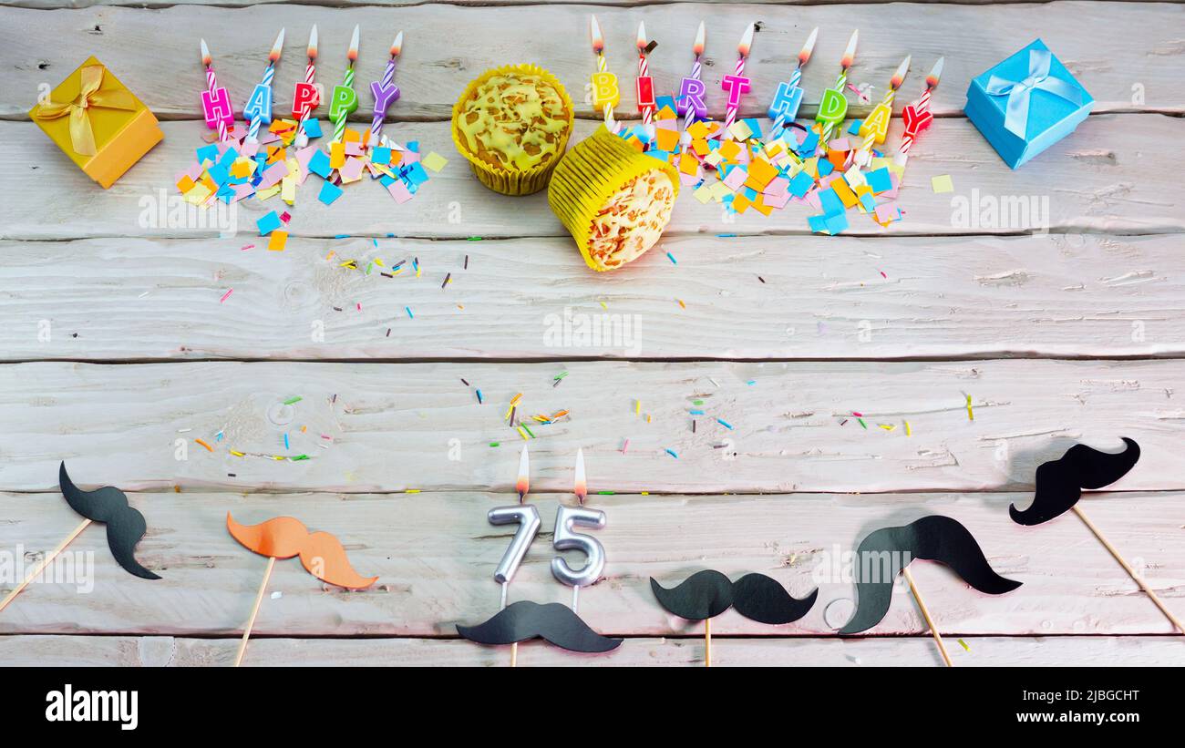 Birthday. Top view happy birthday candles, save space. Mustache barber shop congratulations on your birthday. Stock Photo