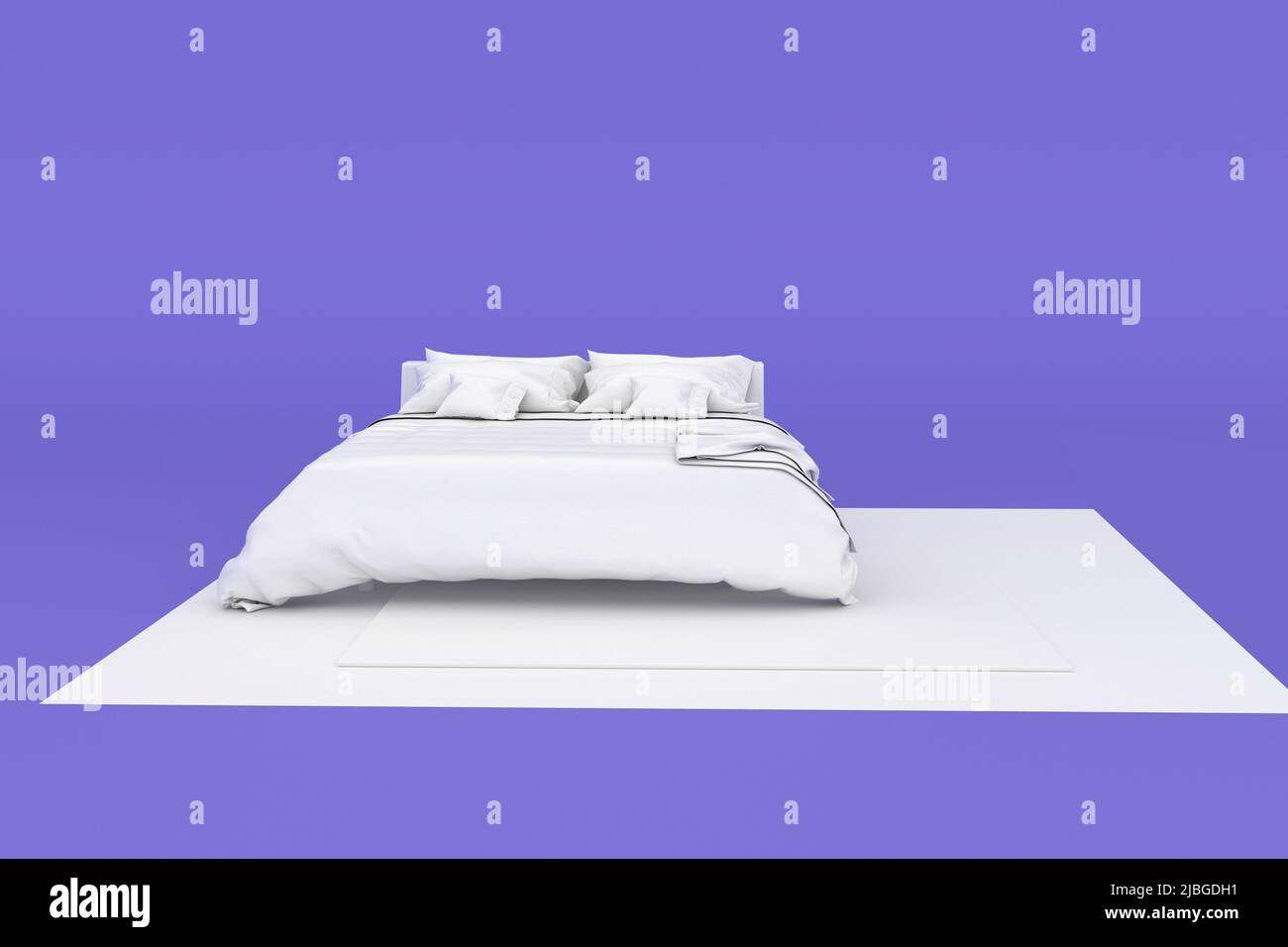 Bed and bedding isolated on purple background, 3D rendering. Stock Photo