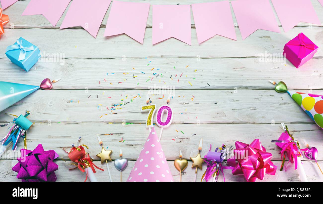 Happy birthday. Copyspace. Beautiful card in pastel pink colors for a woman or a girl. Decorations festive place for your text. Stock Photo