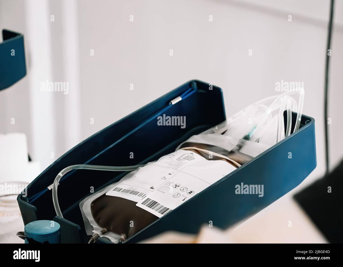 Blood bag in medical laboratory. International Blood Donation Day. Donor donates blood to save