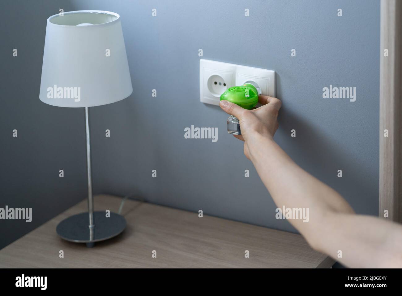 Hand plugs mosquito repellent into socket before going to bed. Domestic  electric raptor fumigator Stock Photo - Alamy