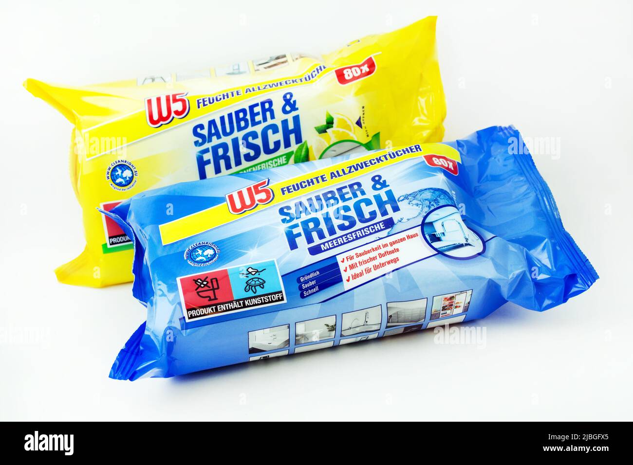 Hamburg, Germany - June 5  2022: Feuchte Allzwecktücher von W5 Sauber und Frisch - W5 All-Purpose Wet Wipes Clean and Fresh Stock Photo