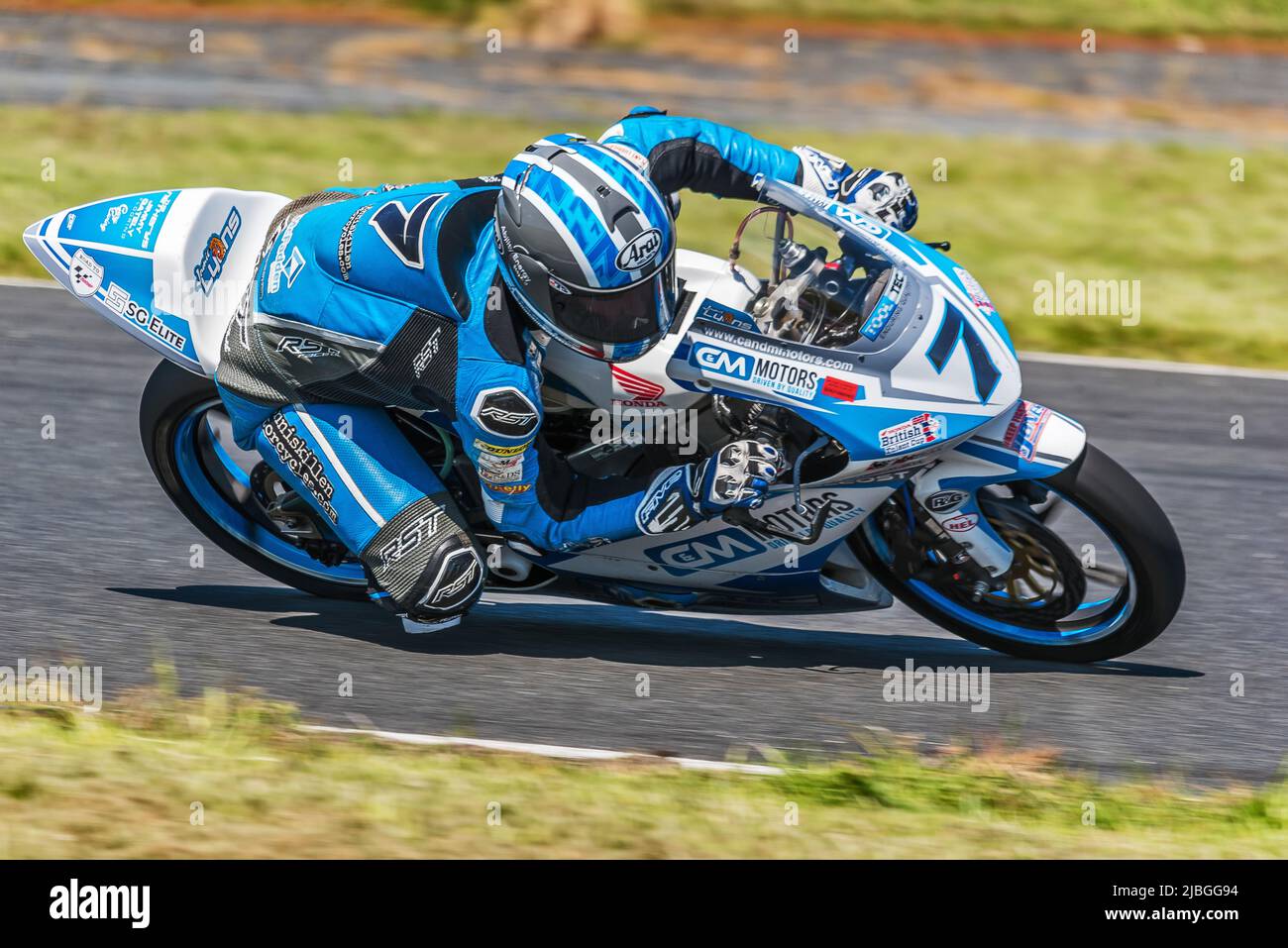 Motorcycle racer in action at Kirkistown Race Circuit, Northern Ireland Stock Photo