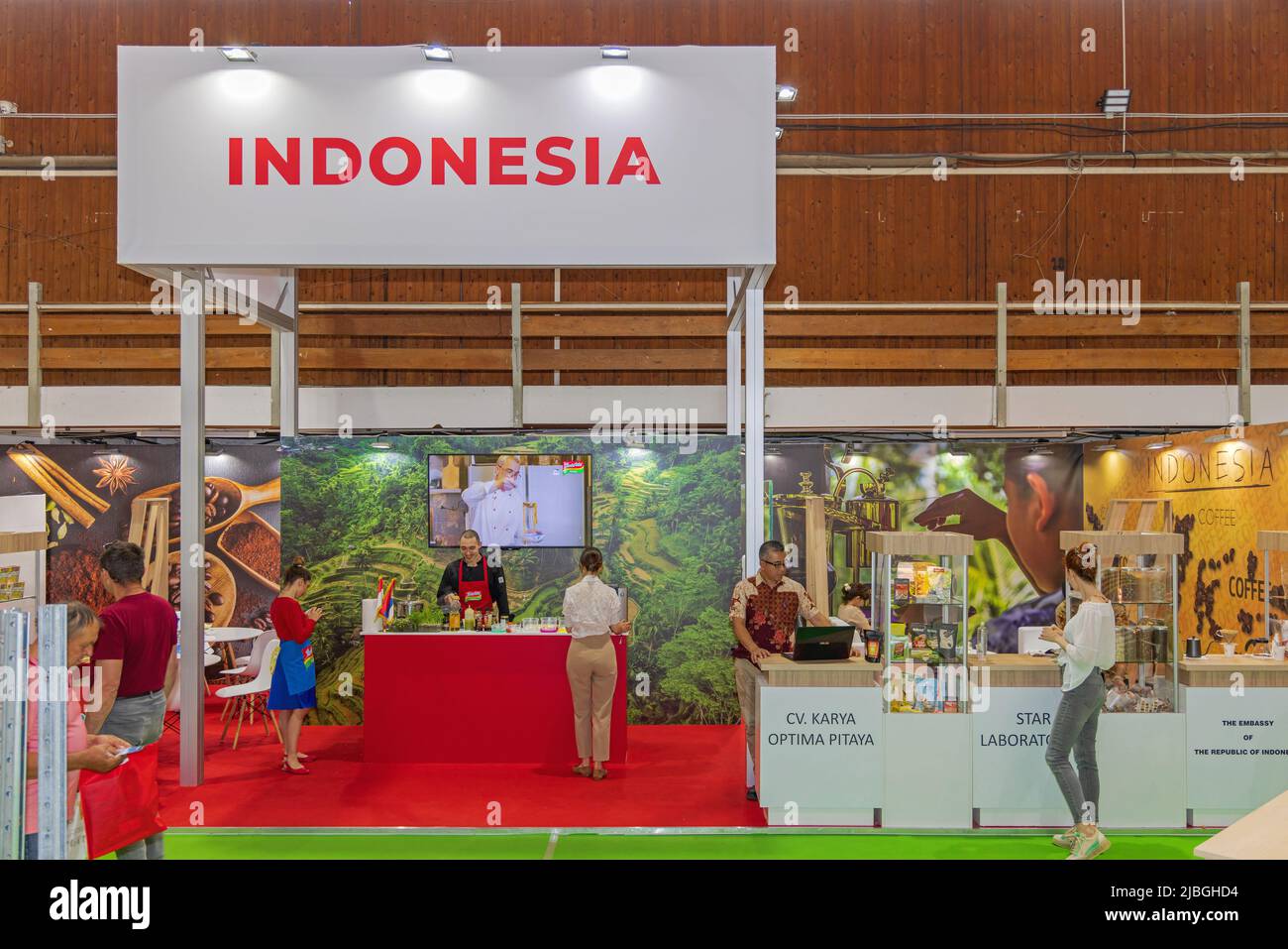 Novi Sad, Serbia - May 23, 2022: Republic of Indonesia Country Official Stand at Agriculture Expo Trade Show. Stock Photo