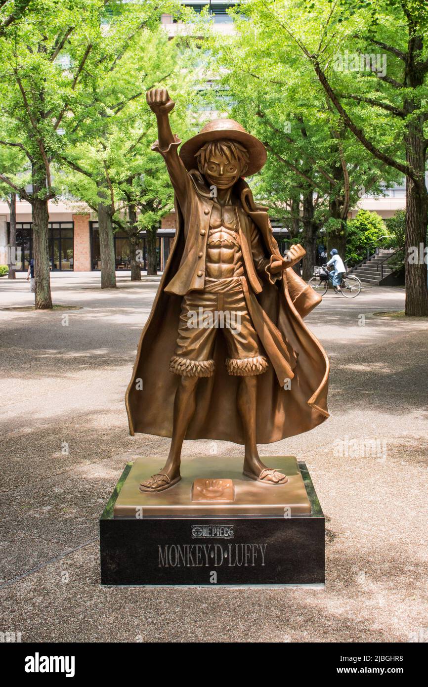 Monkey D. Luffy statue in front of Kumamoto prefectural government office. He is the character from famous JP comic 'One Piece' by Eiichiro Oda Stock Photo