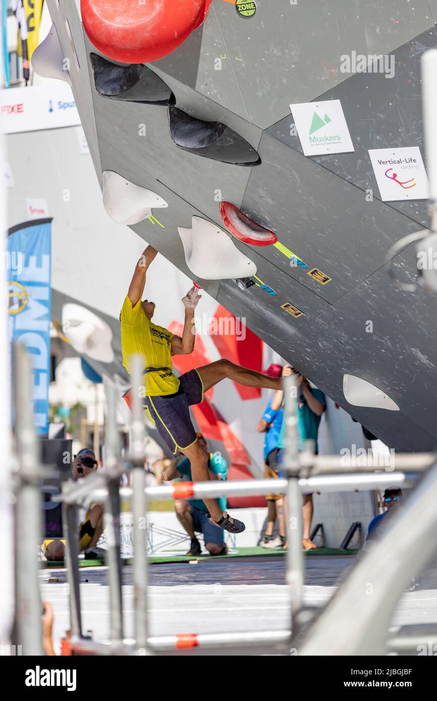 Climbing. Sport. Young person climbing in Block Climbing. Olympic