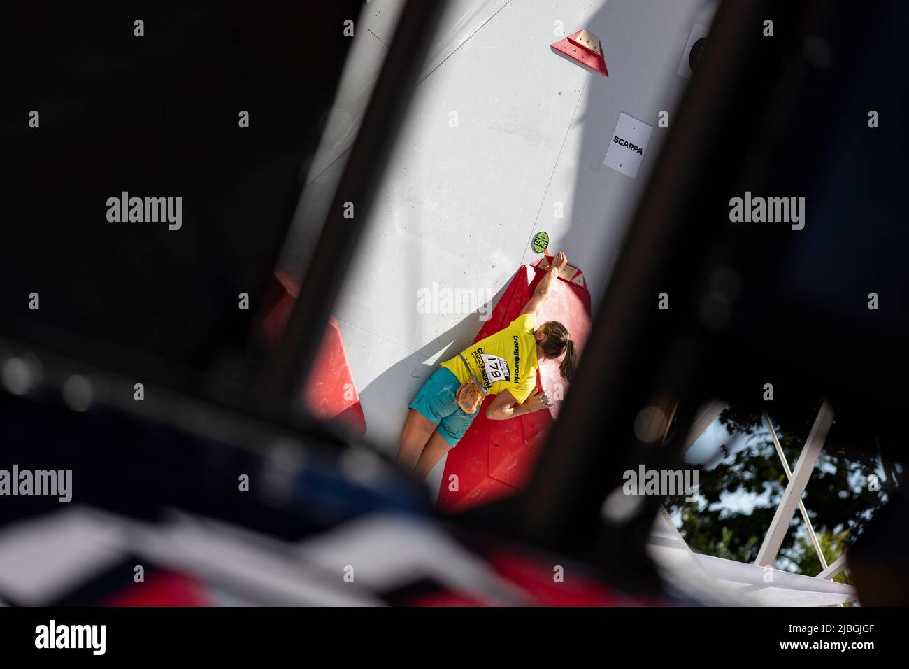 Climbing. Sport. Young person climbing in Block Climbing. Olympic