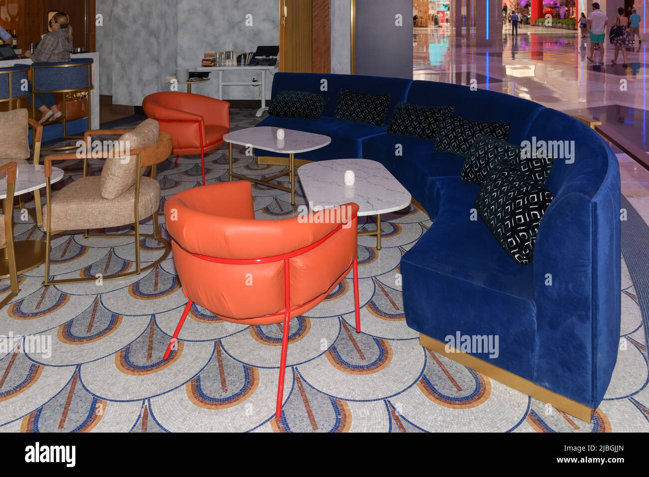 Nevada USA Sep 5, 2021 Comfortable seating is part of the furnishings at Brezza Italian restaurant located in The District at Resorts World Las Vegas Stock Photo