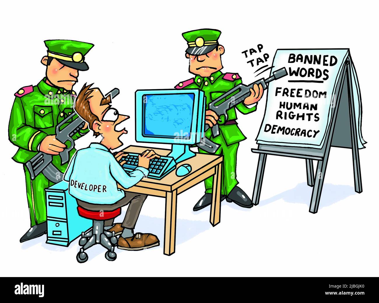 Concept art, software developer, avoiding using banned words illustrating computing in repressive regimes, state censorship and control of internet. Stock Photo