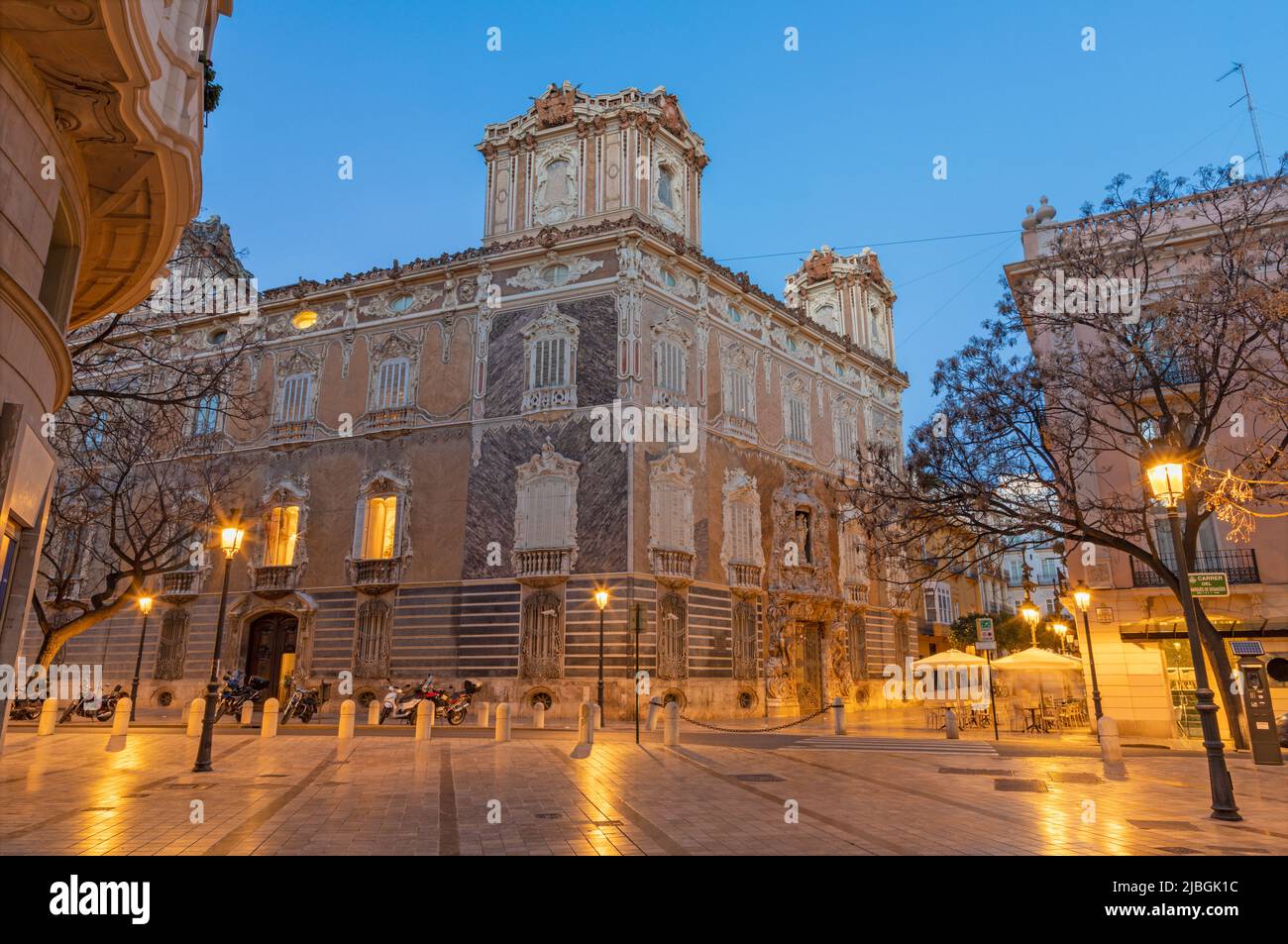 Valencia - The baroque Palace - Palace of the Marques de Dos Aguas at dusk. Stock Photo