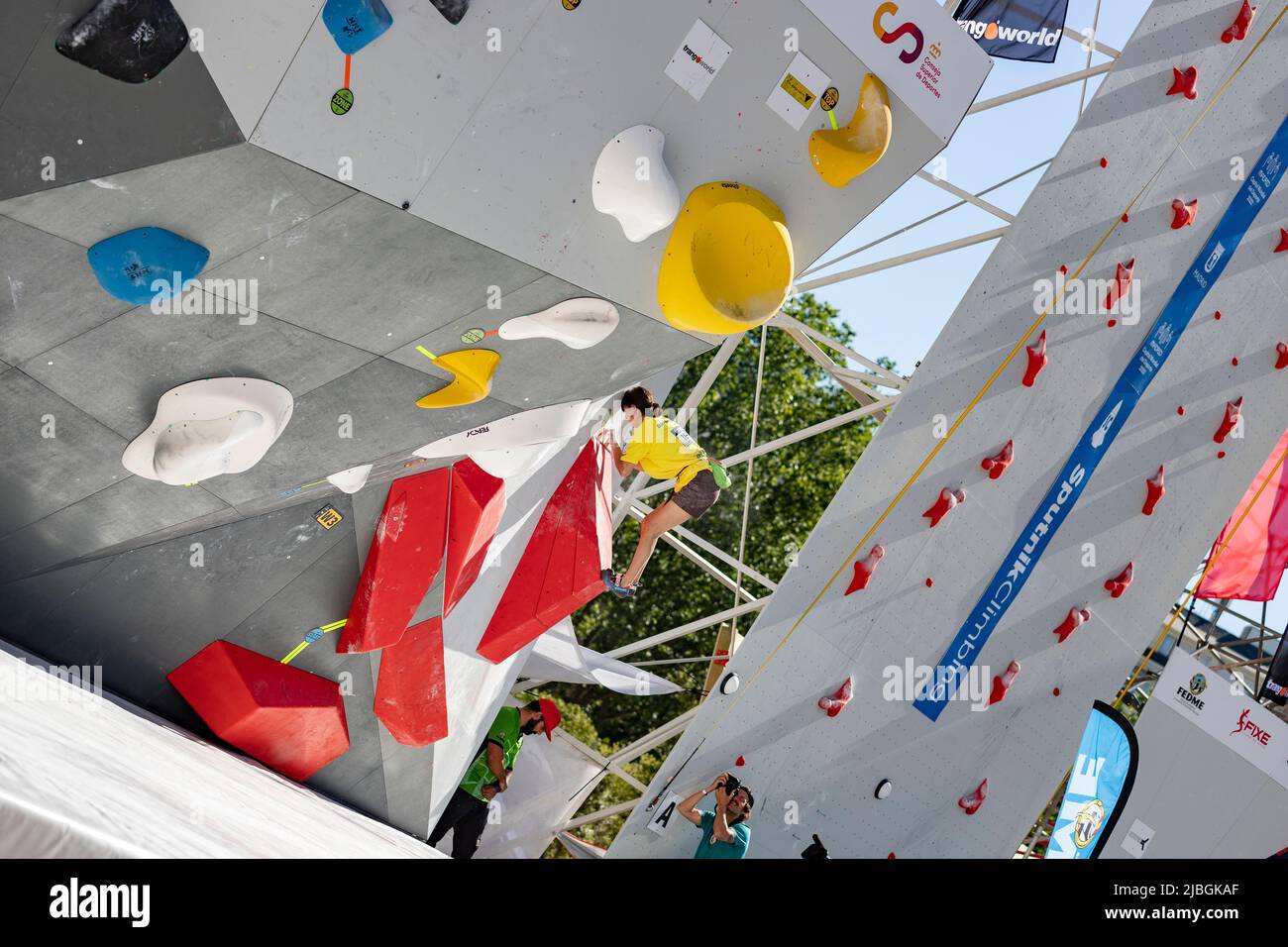 Climbing. Sport. Young person climbing in the Madrid Block Climbing