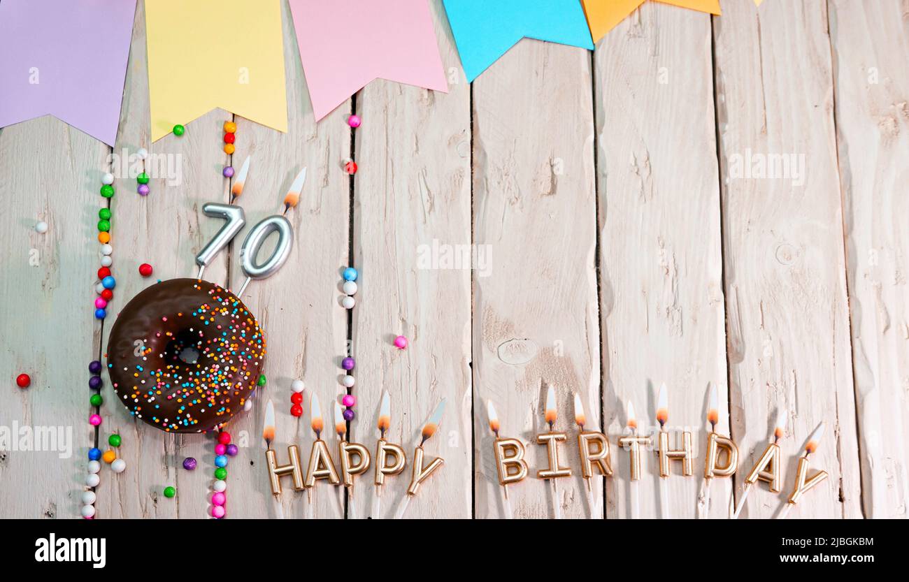 Birthday with number. Donut on the festive table. Happy birthday
