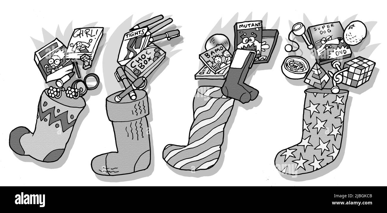 Black and white art showing four Christmas/festive stockings filled with a variety of gifts, suitable for different ages/sexes, educational worksheet. Stock Photo