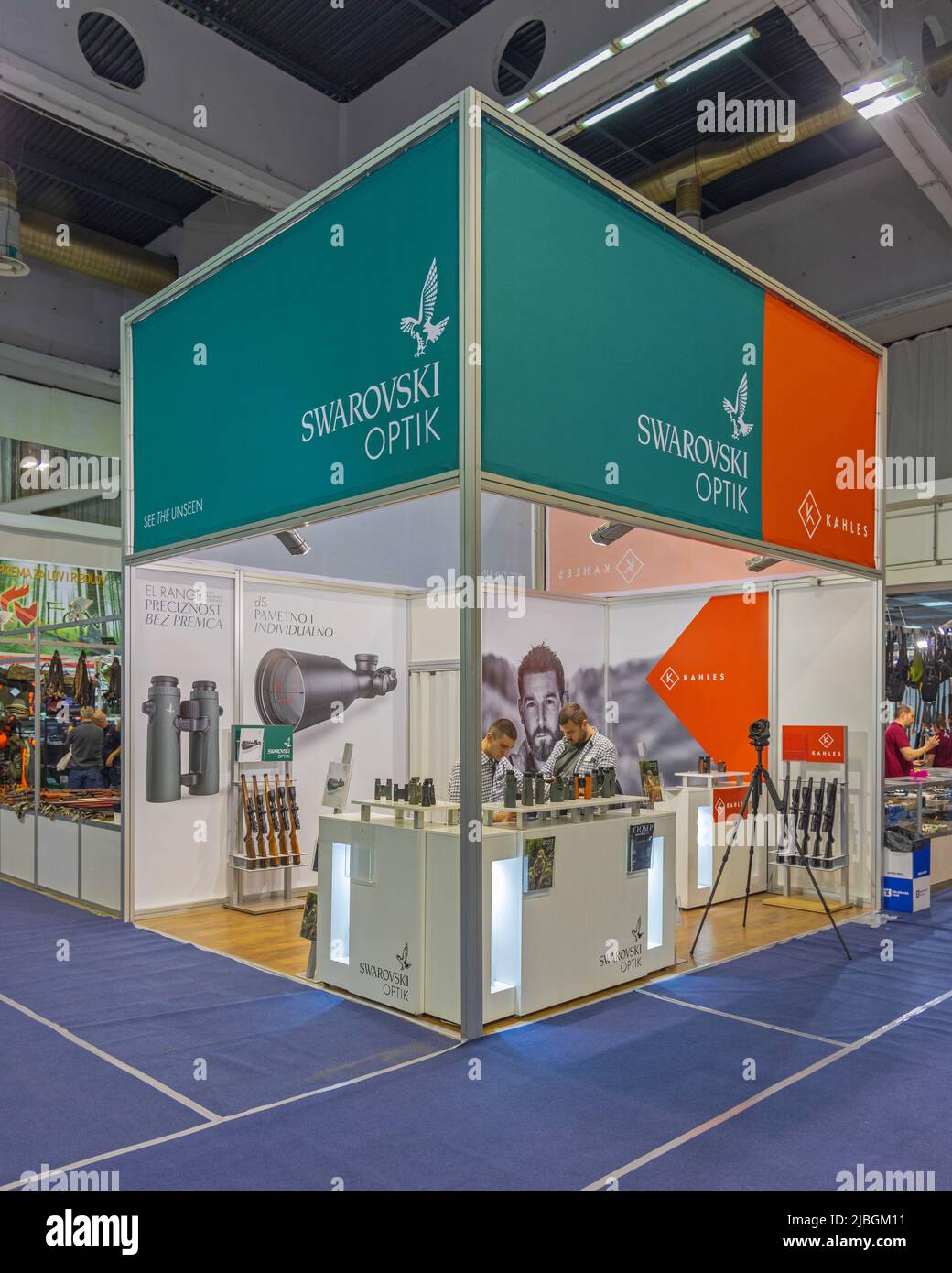 Belgrade, Serbia - April 07, 2022: Swarovski and Kahles Optik Stand at Fishing Hunting Nautical Show Expo in Fair Hall. Stock Photo