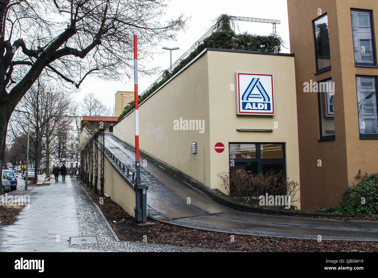 Berlin, Germany - December 24, 2016 : ALDI store in cloudy day.  ALDI is the common brand of two German family-owned discount supermarket chains Stock Photo