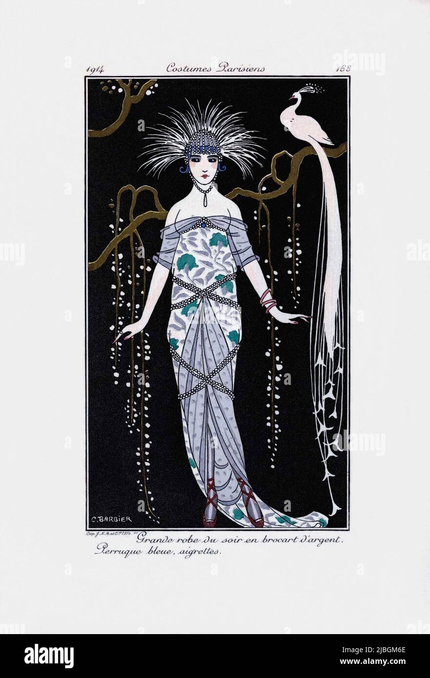 Grande robe du soir en brocart d'argent. Perruque bleue, aigrettes.  Grand evening dress in silver brocade. Blue wig, crests.   Print from the high fashion magazine Journal des Dames et des Modes, published from June 1, 1912 to August 1, 1914.  After a work by French illustrator George Barbier, 1882 - 1932. Stock Photo