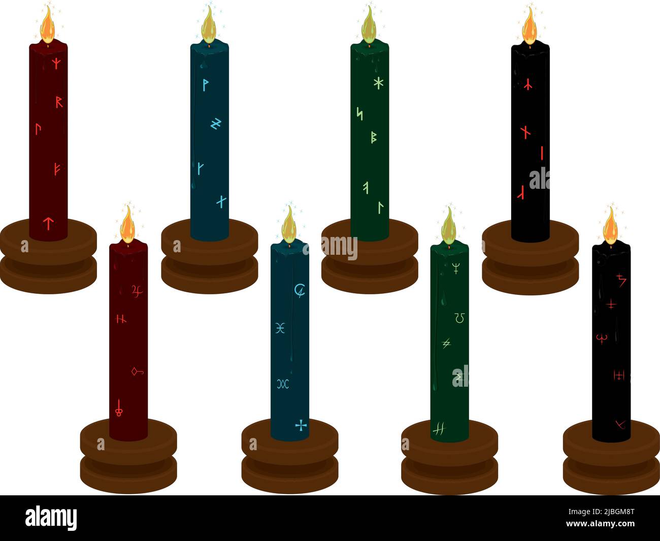 Magic candles with runes and alchemy symbols for rituals vector illustration Stock Vector