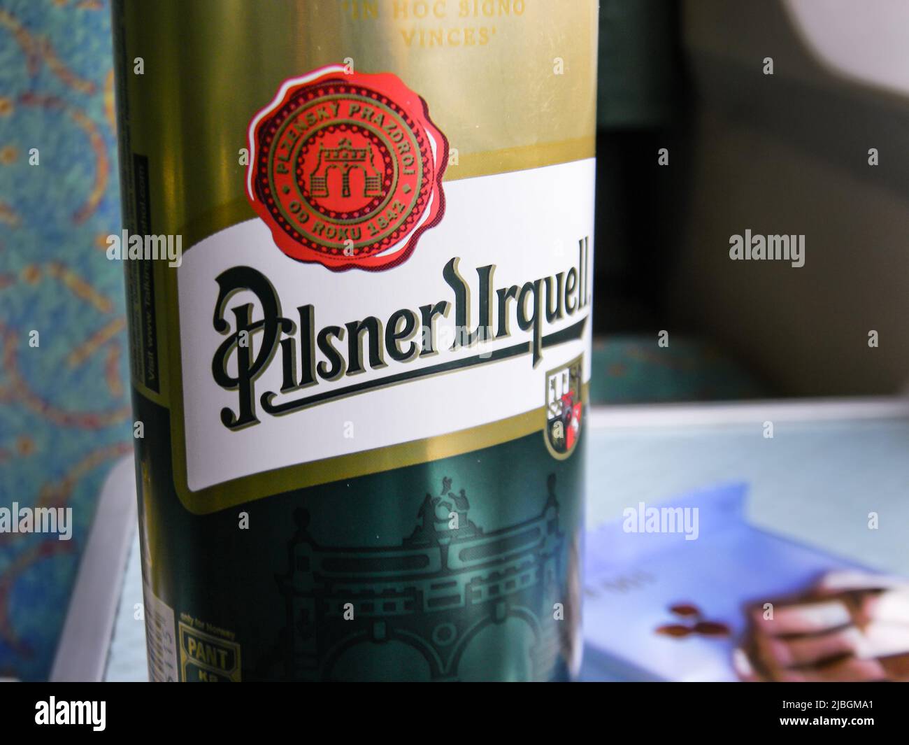 Vienna, Austria - May 31, 2011 : Can of Pilsner Urquell, Czech lager brewed by the Pilsner Urquell Brewery in Pilsen, Czech Republic. Stock Photo
