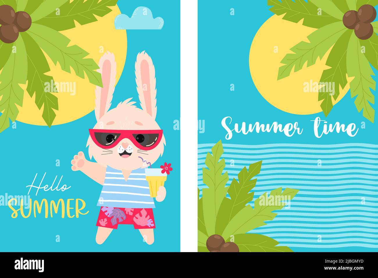 Tropical summer time poster collection with cute hare in sunglasses with cocktail on sea with palm trees. Vector illustration. Summer card with rabbit Stock Vector
