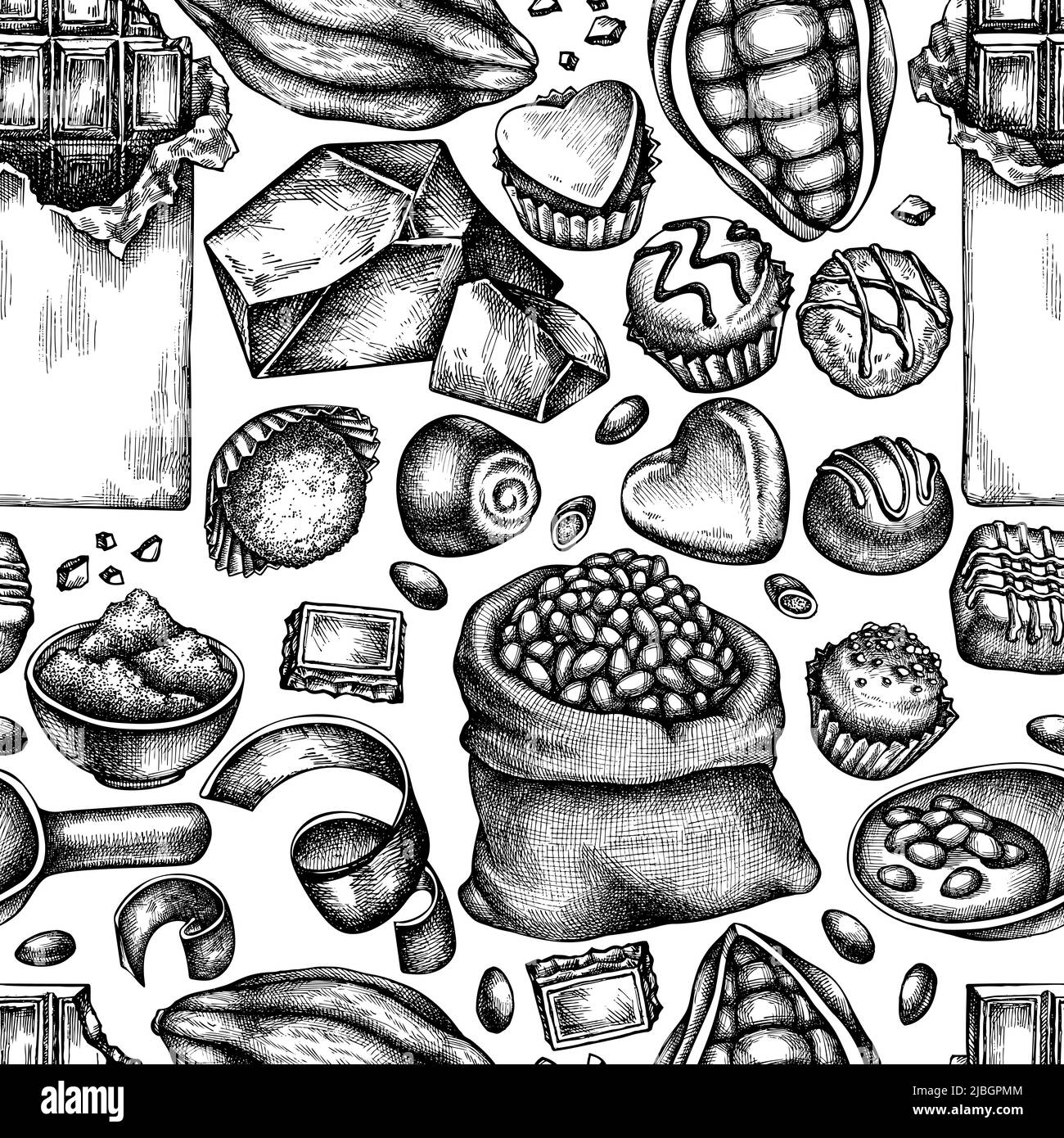 Seamless pattern with black and white cocoa beans, cocoa, chocolate ...