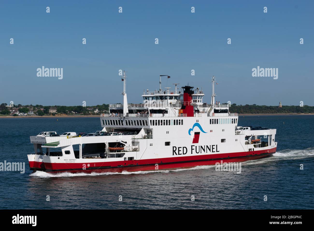 Red Funnel car ferry from East Cowes with text Red Osprey.Isle of Wight, UK Stock Photo