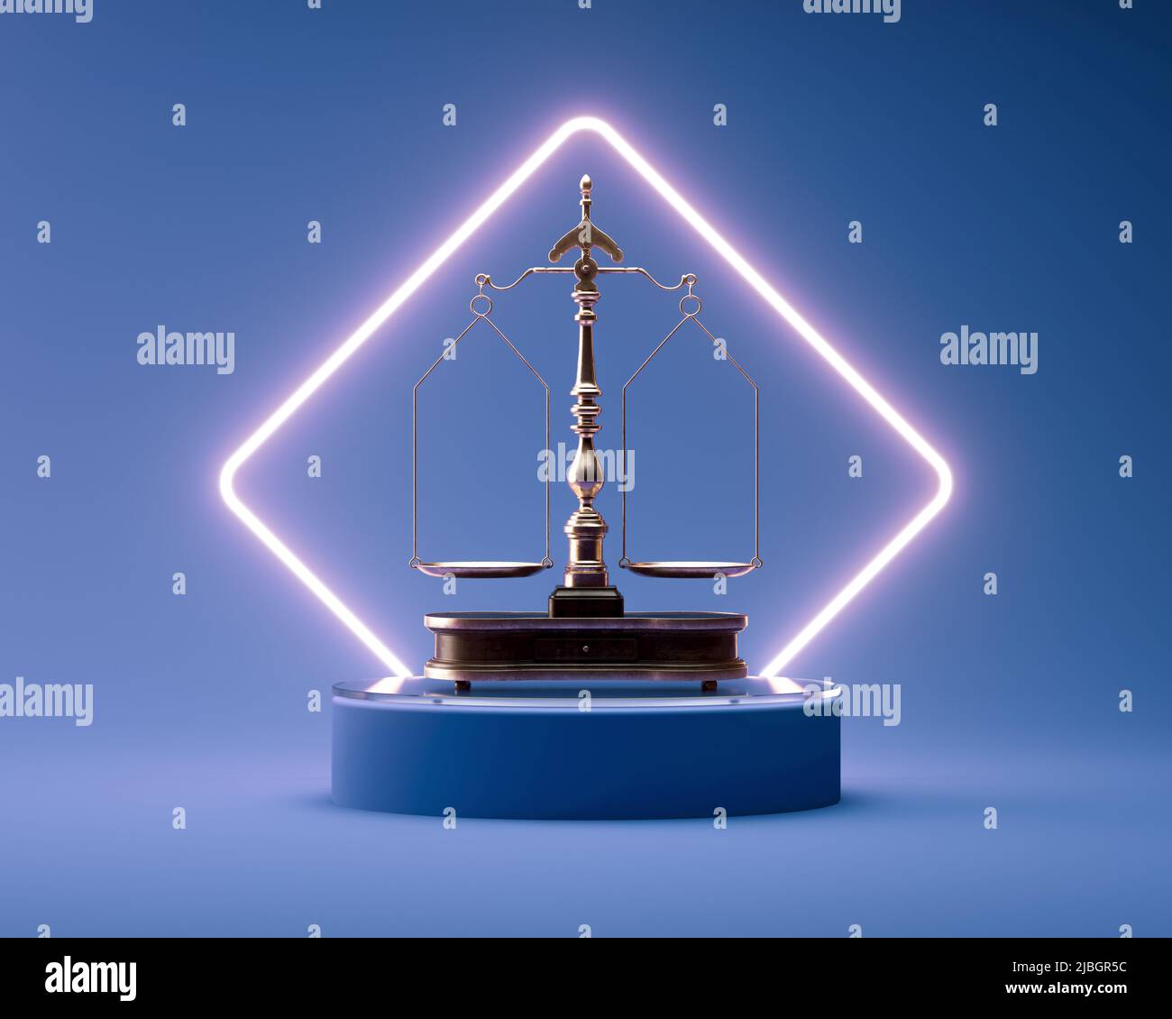Ornate brass justice scales with a wooden base on a round blue stage lit by a square neon back light  - 3D render Stock Photo