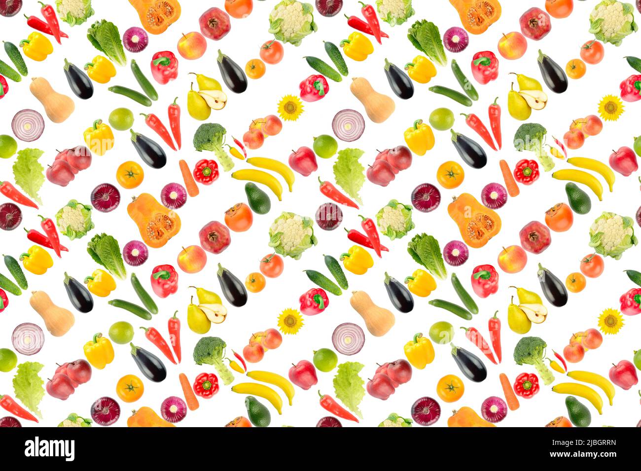 Large seamless texture of vegetables, fruits and berries isolated on white background. Stock Photo