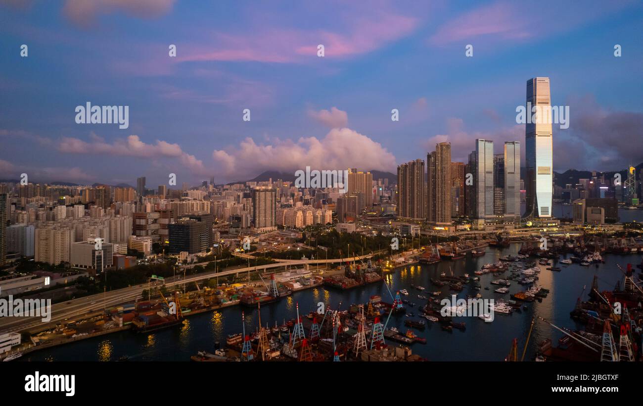 icc tower in West kowloon area during evening, one of highest building ...