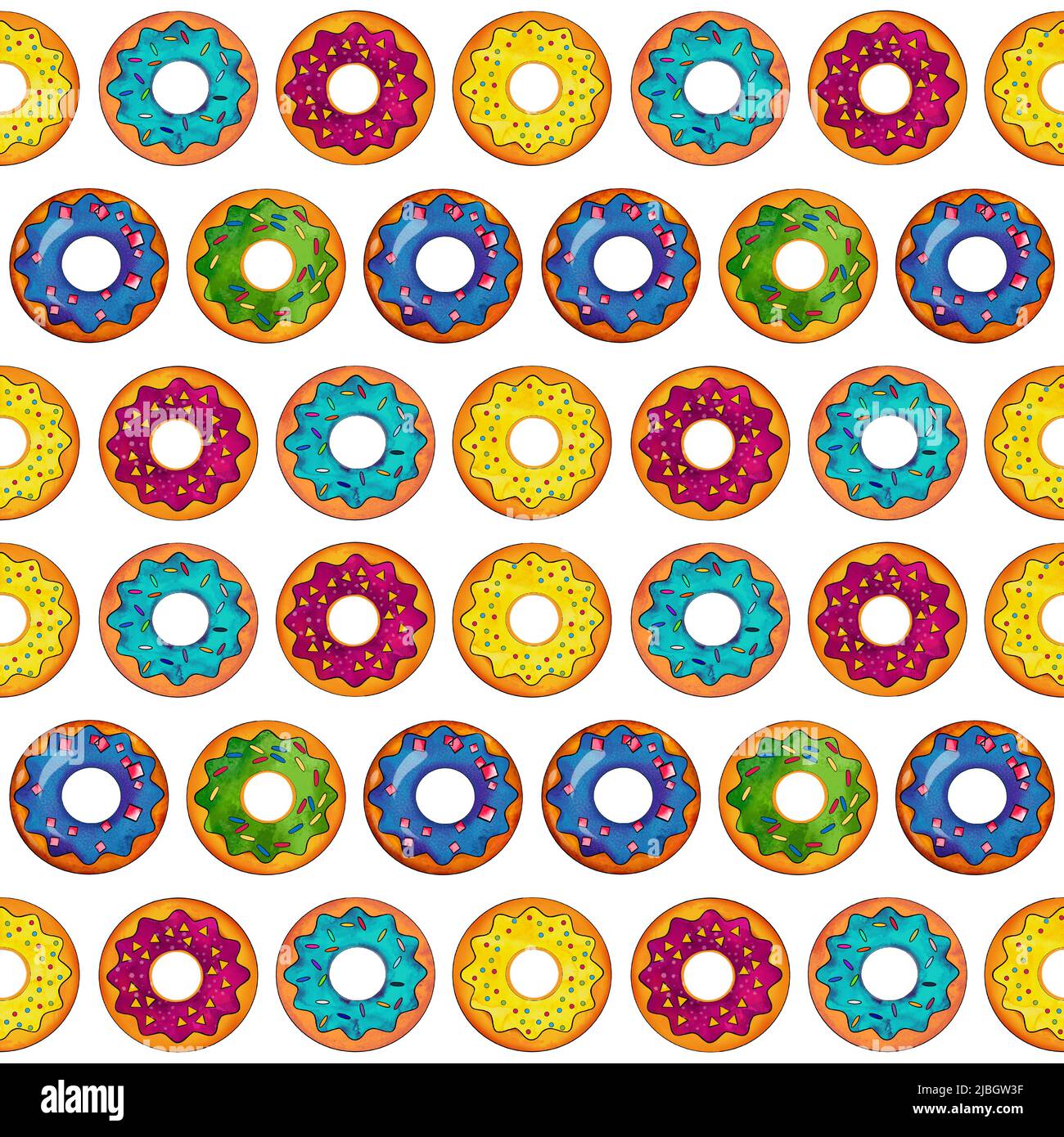 Seamless pattern of donuts multi colored on a white isolated background ...