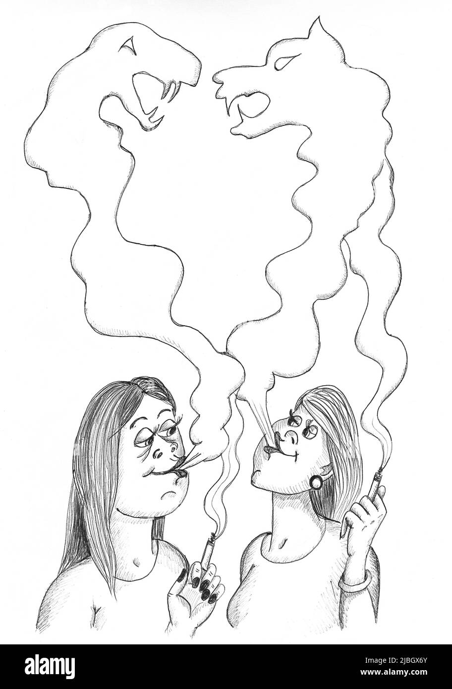 Two women smoking and their smoke fighting. Illustration. Stock Photo
