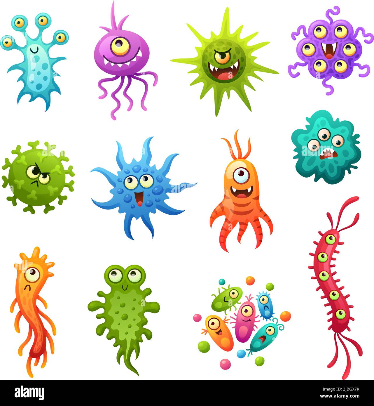 Cartoon viruses. Germs virus character, funny bacteria types. Sick or flu microbes, evil and cute colorful garish monsters. Isolated medical vector Stock Vector