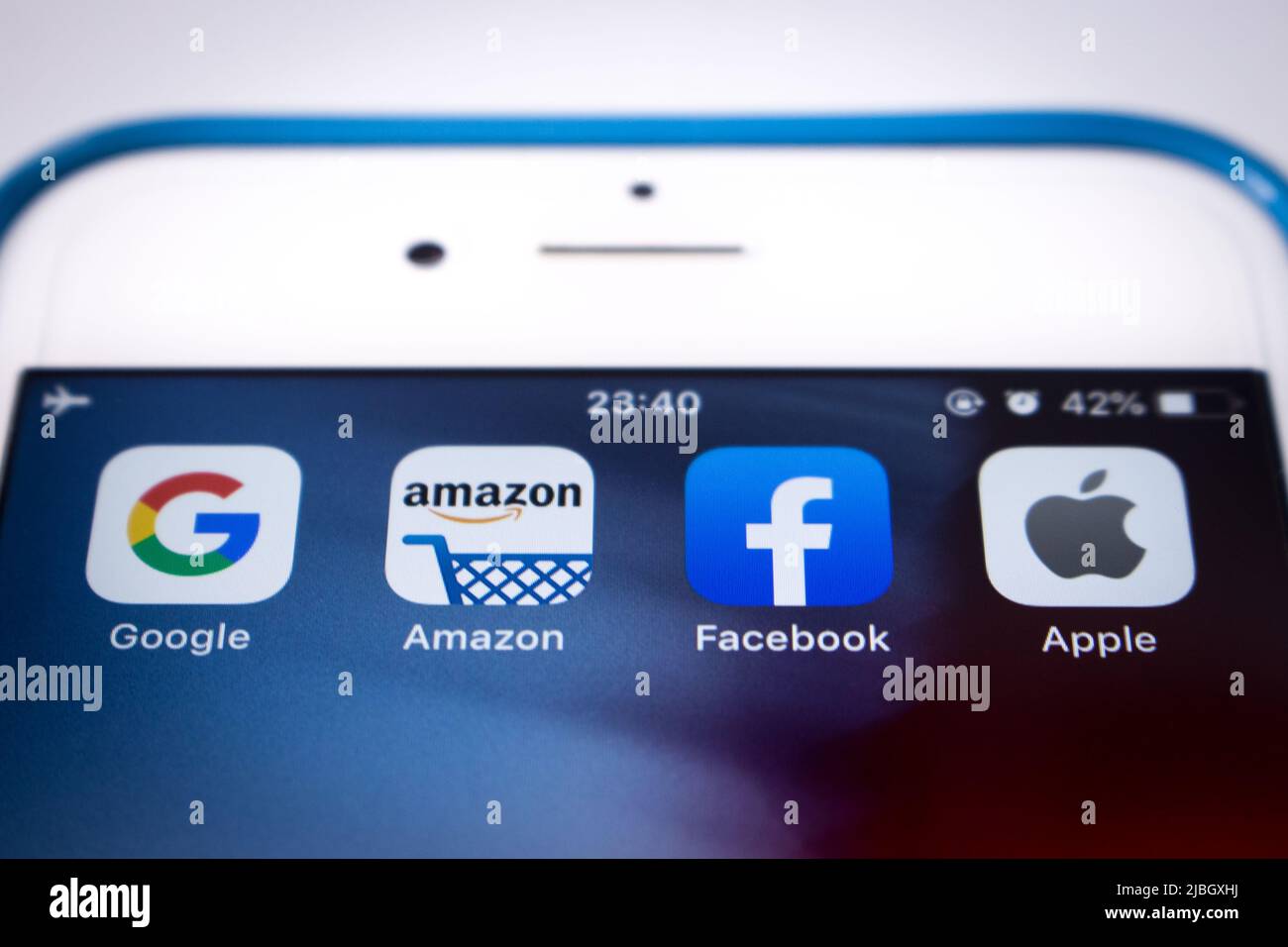 GAFA icons on iPhone. Google, Amazon, Facebook & Apple are 4 US multinational IT or online service companies that dominated cyberspace during 2010s Stock Photo