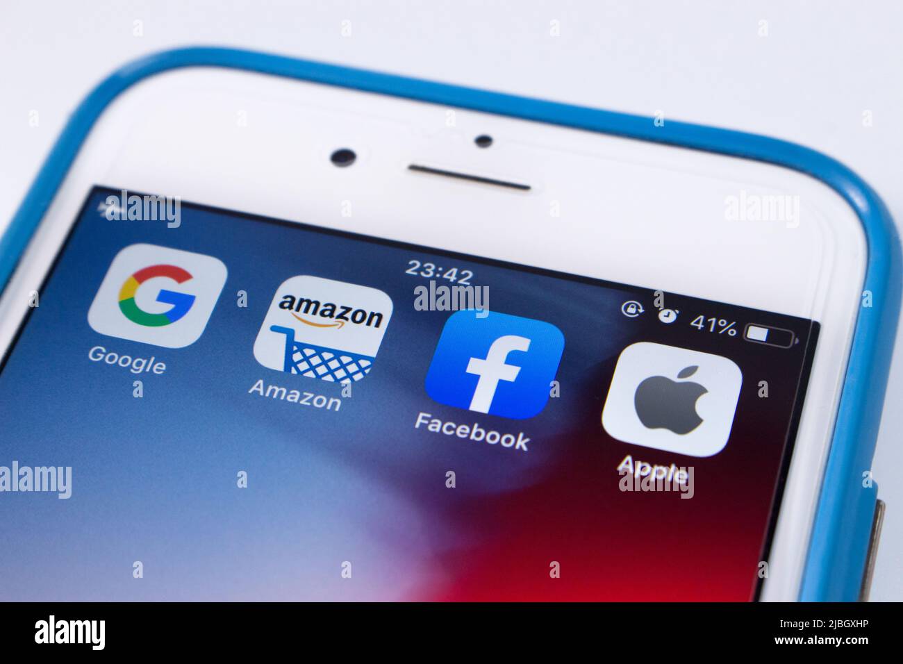 GAFA icons on iPhone. Google, Amazon, Facebook & Apple are 4 US multinational IT or online service companies that dominated cyberspace during 2010s Stock Photo