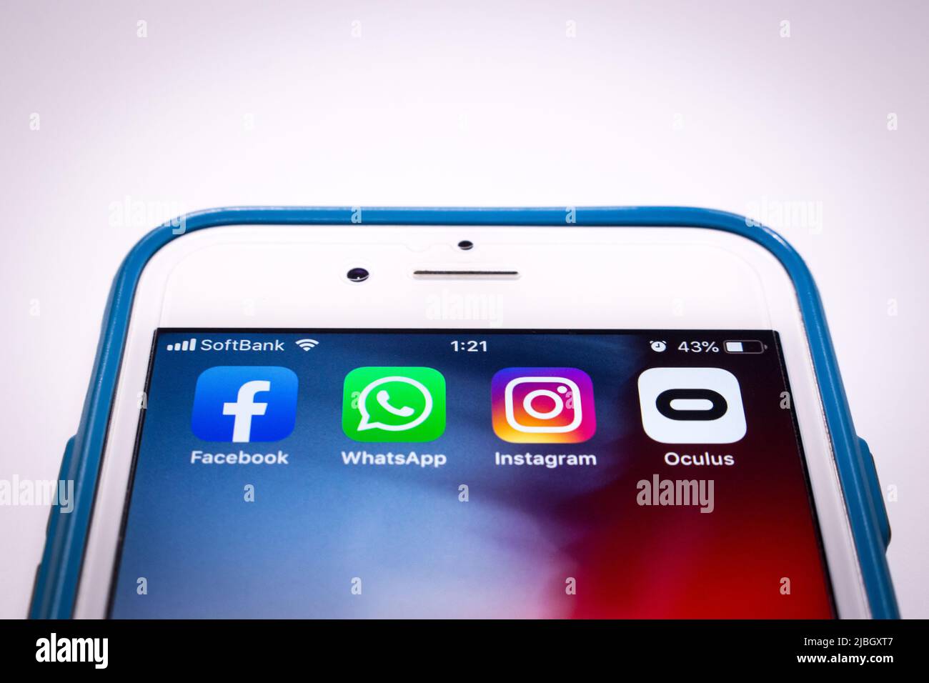 Facebook and subsidiaries (WhatsApp, Instagram & Oculus VR) on iPhone. Facebook is SNS owned by US company Meta Platforms. Founded by Mark Zuckerberg Stock Photo