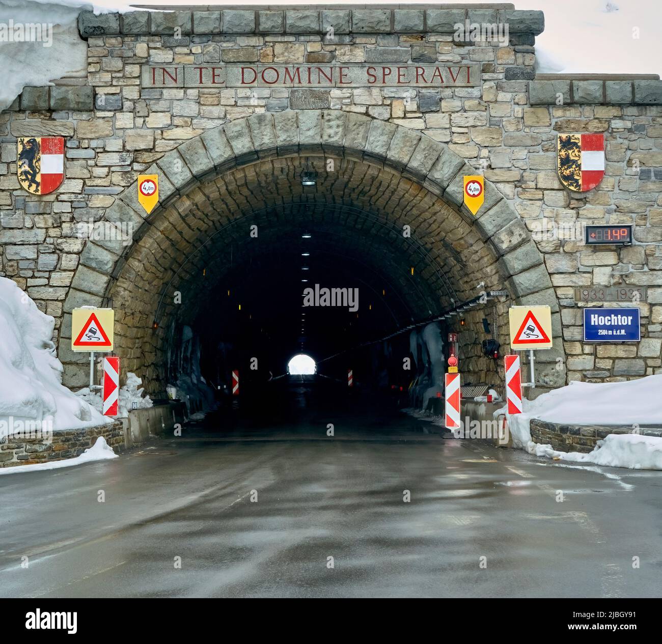 Heiligenblut, Austria, May 8, 2022: View through Hochtor tunnel on high alpine road near Grossglockner in Austria Stock Photo