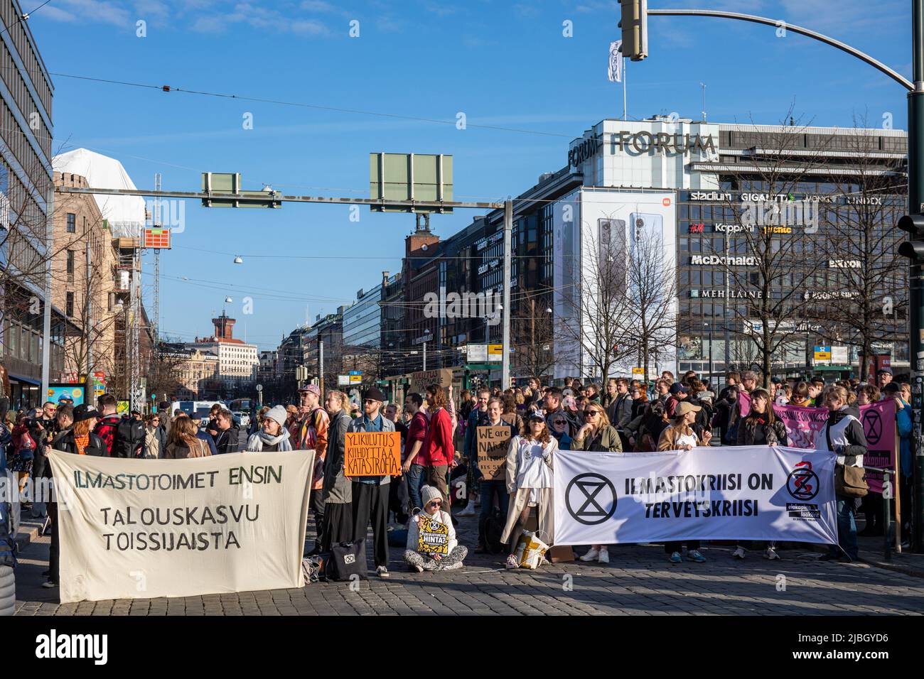 Ylikulutuskapina - Elokapina's street blocking demonstration in Mannerheimintie, Helsinki, Finland Stock Photo