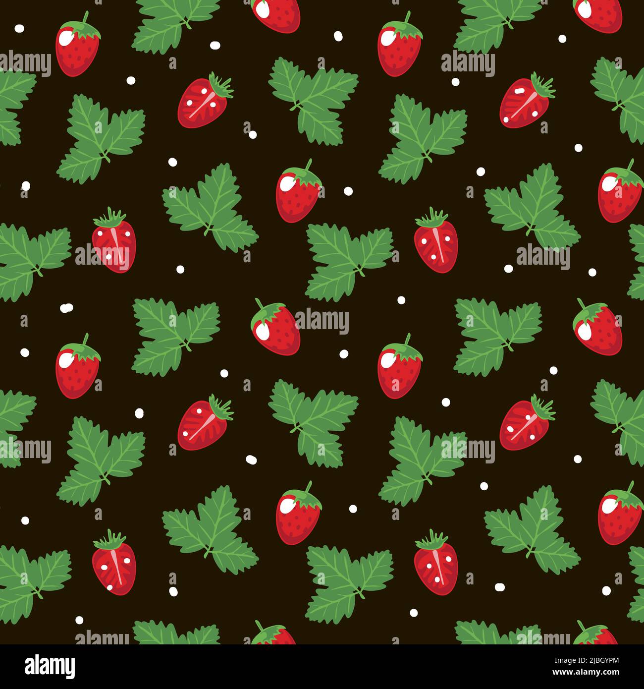 Seamless strawberry pattern, summer vector illustration in cartoon style. Strawberries whole and halves. Leaves of the plant. Bright summer pattern on Stock Vector