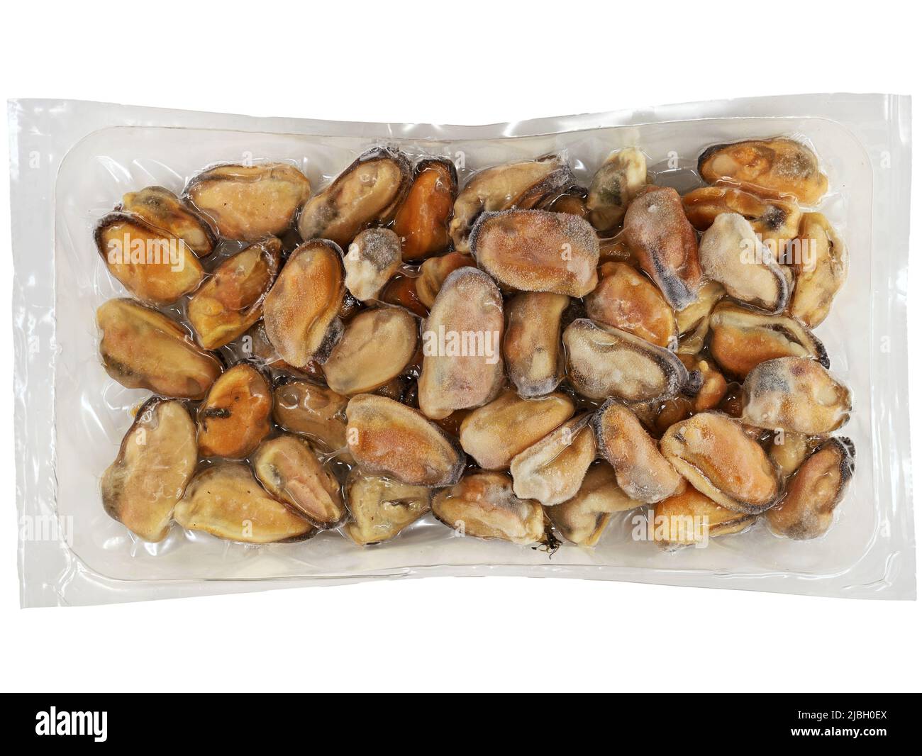 top view of vacuum packed, frozen mussels without a shell isolated on